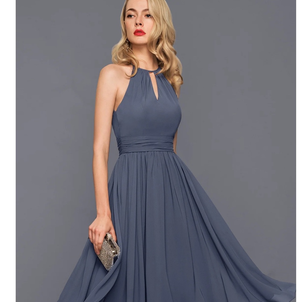 JJs House Slate Blue Halter Chiffon Midi Dress with keyhole back